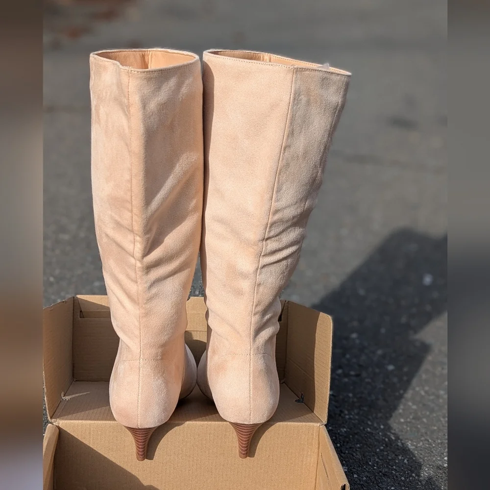 Coutgo Knee High Boots Wide Calf Kitten Heel Pointed Toe Boots Pull On (New) - Picture 6 of 13